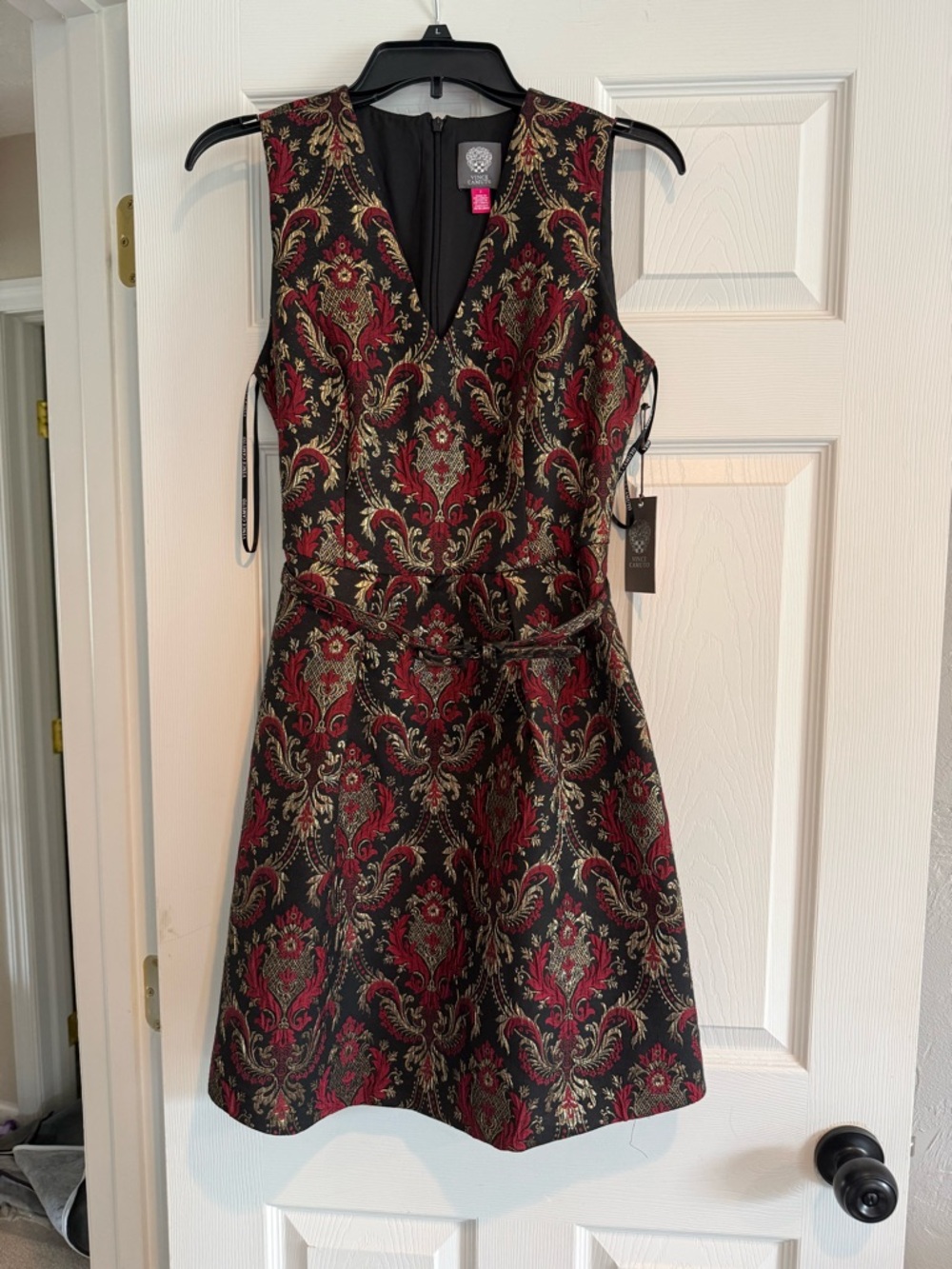 Vince Camuto Black Brocade Mini Dress with Burgundy and Gold